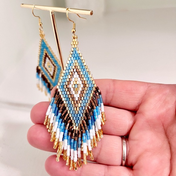 Jewelry - Handcrafted Beaded Earrings in Blue and Gold